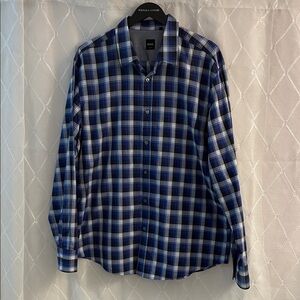 Hugo Boss Slim Fit Blue and White Plaid Button Down Shirt Size 2XL